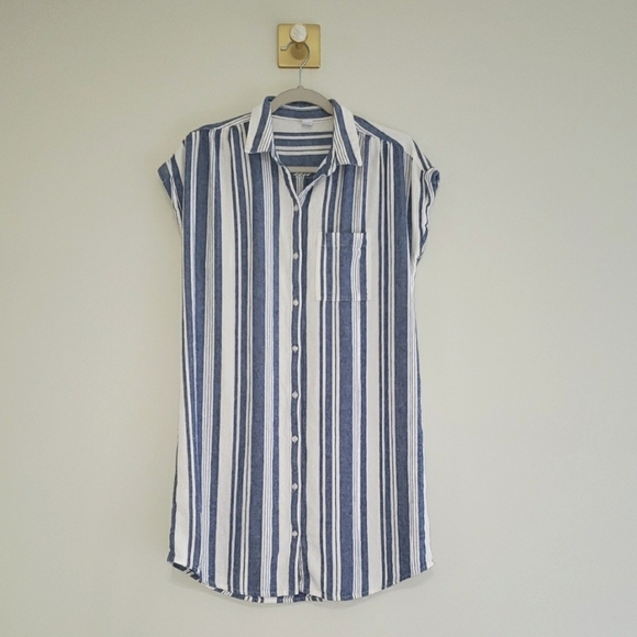 Old Navy Linen Blend Midi Shirtdress Medium Blue White Striped Coastal Beach - Picture 1 of 12